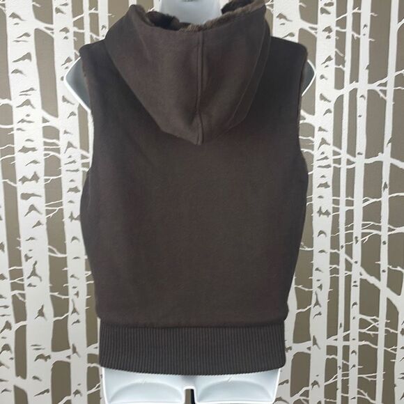 Faux Fur Reversible Hooded Zip Front Vest S M Chocolate Brown - Picture 8 of 13